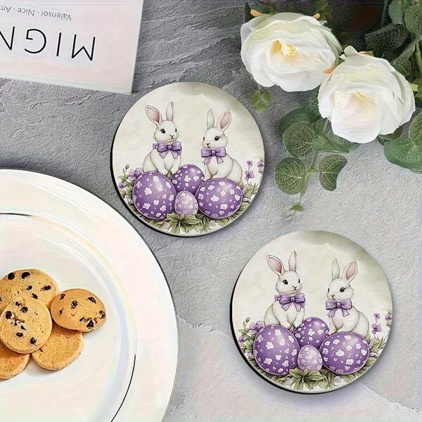 4pcs Easter Cute Retro Style Round Silicone Coasters, Featuring Purple Bow, White Rabbit, Purple Eggs, Floral Patterns, Suitable For Protecting Tabletop, Fit Various Cups, Great For Home, Easter Party, Can Be Used As Coasters Or Vintage Decor, Silicone Material Easy To Clean