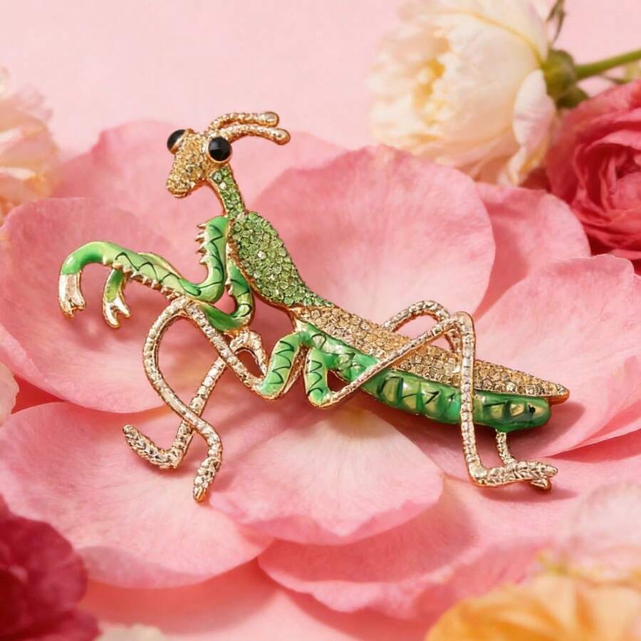 Vintage Green Imitation Enamel Mantis Brooch, Daily Commute Party Dating Niche Personality Accessories Women's Jewelry - A - 查看 1