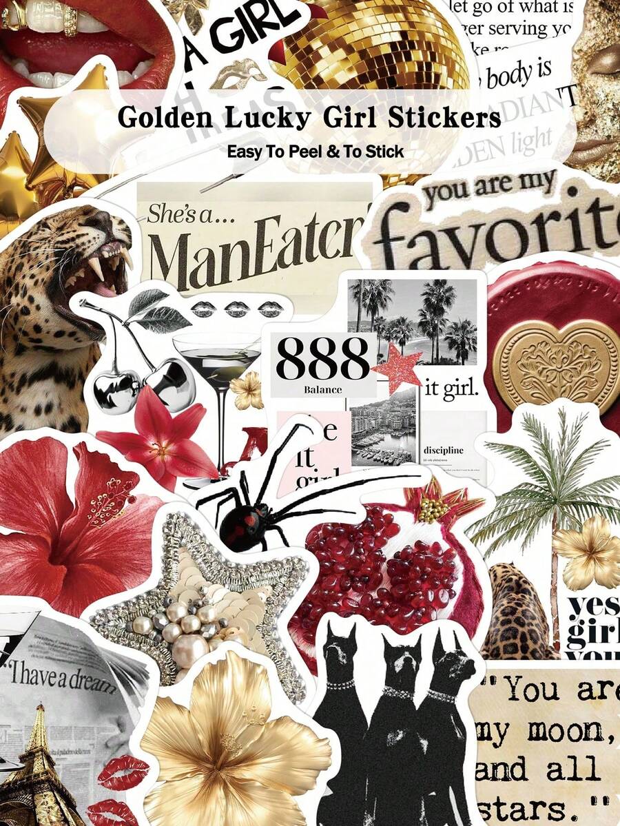 50pcs Golden Lucky Girl Stickers For Skateboard Guitar Luggage Laptop Phone Case Decor DIY Graffiti Stickers - 彩色 - 查看 1