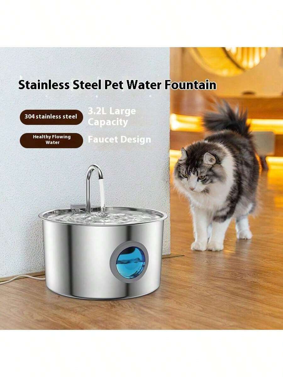 304 Stainless Steel Automatic Cat Water Dispenser, 3.2L Capacity, Quiet Design, Keeps Water Clean