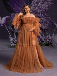 Faeriesty Elegant Maternity Plus Size Soft Brown Off-Shoulder Bell Sleeve Maxi Party Gown | Sheer Mesh & Tulle Fabric, Ruffle Detailing At Neckline Spring - Rust Brown - View 2