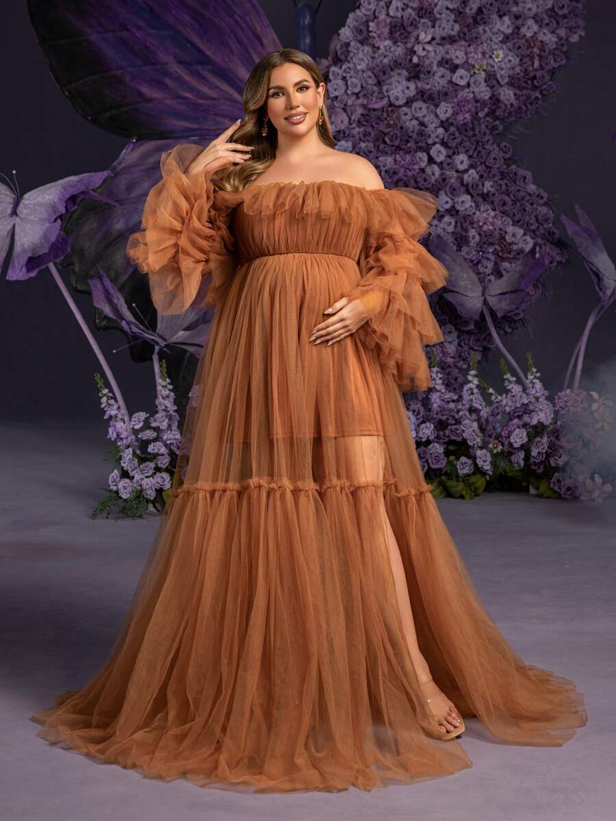 Faeriesty Elegant Maternity Plus Size Soft Brown Off-Shoulder Bell Sleeve Maxi Party Gown | Sheer Mesh & Tulle Fabric, Ruffle Detailing At Neckline Spring