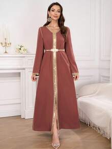 雪纺V领金色蕾丝超长阿拉伯风格女士长裙 - 棕色 - 查看 2