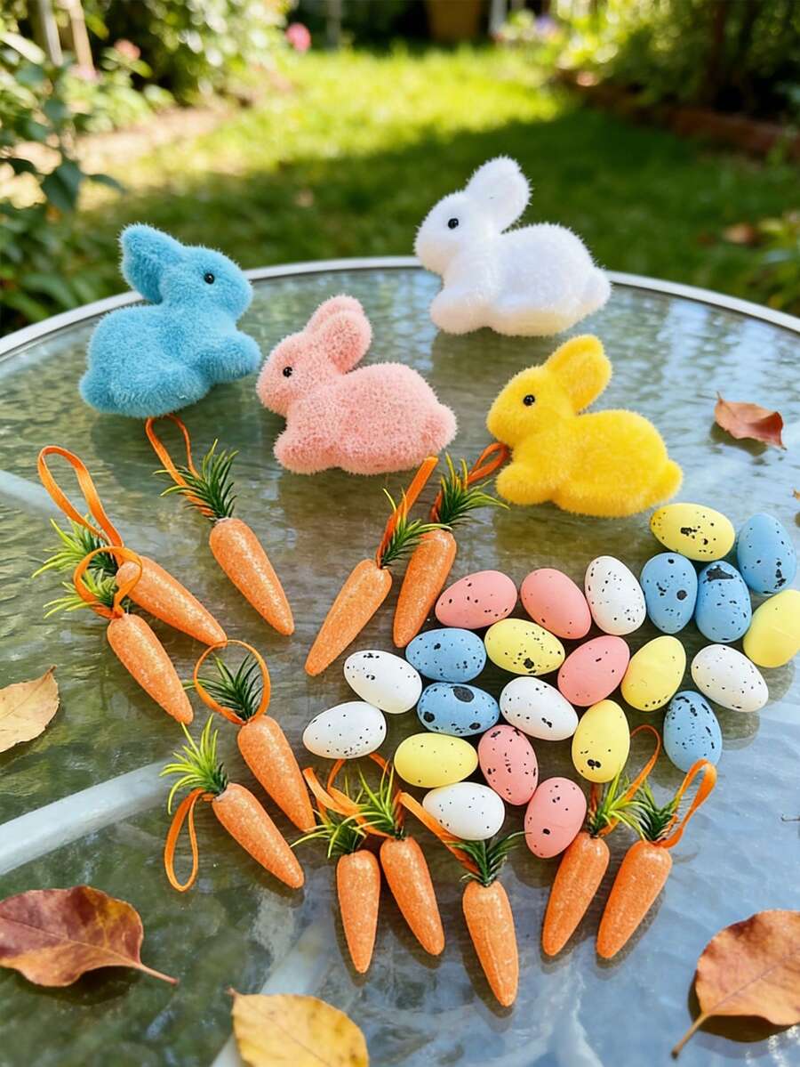 40pcs Of Colorful Foam Easter Bunnies, Eggs, And Carrot Decorations Set For Spring Home And Festive Party Decor. - A - View 1
