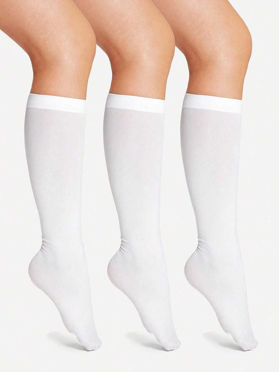 3双装女士白色过膝袜，休闲日常穿着 - 白色 - 查看 1