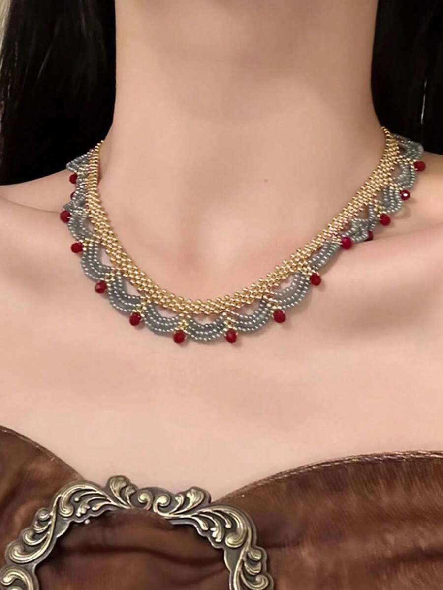 1pc Vintage Palace Style Adjustable Glass Woven Pendant Necklace, Personalized Luxury Versatile Necklace Accessory For Women - Multicolor - View 1