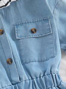 两件套女童夏季套装，时尚休闲日常穿着，蓝色牛仔连体裤和黑白条纹披肩套装 - 藍色 - 查看 7