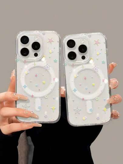 1个可爱彩色星星MagSafe手机壳，透明防摔保护套，支持磁吸充电，兼容苹果17、17 Pro Max、16 Pro Max、16 Pro、16、15 Pro Max、15 Pro、14、13等机型，送给女孩的完美礼物