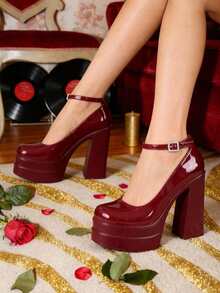 Mary Jane High Heeled Sandals Platform Chunky Heels For Women Closed Square Toe Buckled Ankle Strap ​Sandals Fashion Dress Party Pumps Valentine's Day Outfits - Màu Đỏ Sâu - Xem 6