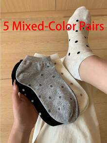 1/5/10双装波点女袜薄款踝袜白色低帮袜隐形袜帆布款防滑短袜夏季 - 彩色 - 查看 11