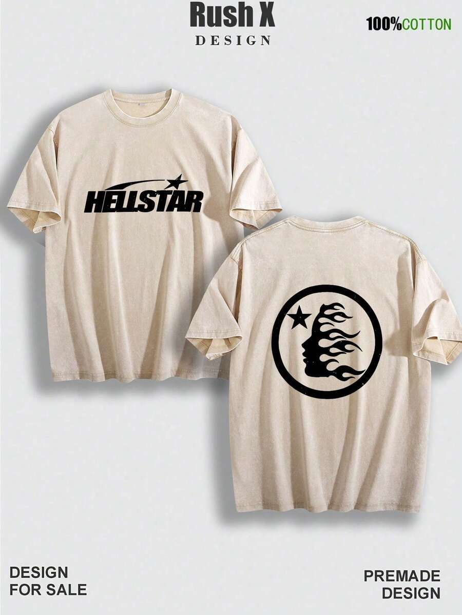 Men's Pattern Washed T-Shirt - Double Sided Printing, 100% Cotton, Short Sleeved, Summer Casual T-Shirt, Black With White Star Design, Loose Fit, Machine Washable, Daily T-Shirt | Loose Fit Shirt | 100% Cotton T-Shirt, Cotton T-Shirt - 杏色 - 查看 1