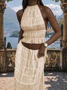 2-Piece Chiffon Ruffled Lace Trim Spaghetti Strap Backless Maxi Dress Set, Romantic Elegant Outfit Suitable For Carnival Party, Party, Gothic Style, Wedding, Spring/Summer 2026, Wedding Season, Music Festival, Back To School Season - Beige - View 10