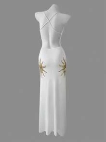 Women's New Style White V-Neck Sleeveless Sequin Crisscross Tie Backless Slim-Fit Dress, Sexy Elegant Fashionable Casual Beach Vacation Party Valentine's Day Outfit, Spring And Summer - Multicolor - View 5