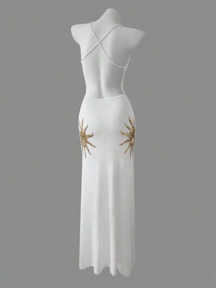 Women's New Style White V-Neck Sleeveless Sequin Crisscross Tie Backless Slim-Fit Dress, Sexy Elegant Fashionable Casual Beach Vacation Party Valentine's Day Outfit, Spring And Summer - Multicolor - View 5