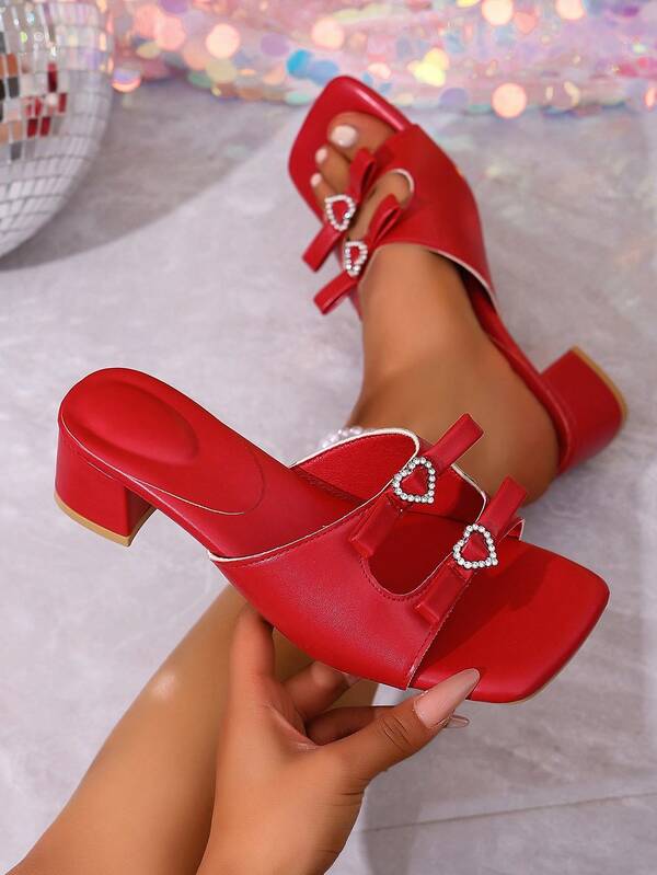 Women's Heeled Mules Women's Red Block Heel Mules, Open Toe Slide Sandals With Heart Rhinestone Bow, Elegant Party Dress Shoes For Ladies