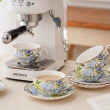 Tea Cup And Saucers 6.4oz Floral Tea Cups With Gold Trim Porcelain Teacup Coffee Cappuccino Espresso Latte Mugs For Party Birthday Party Cafe Home Christmas Gift Blue - 鳶尾花 - 藍色 - 查看 5