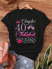 Women 40th Birthday T-Shirt 1986-2026 Years Gift Chapter Short Sleeve Crew Neck Casual Top For 40th Birthday Outfit Celebration Apparel - 黑色 - 查看 1