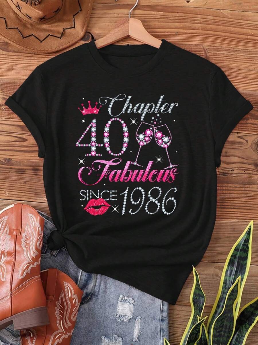 Women 40th Birthday T-Shirt 1986-2026 Years Gift Chapter Short Sleeve Crew Neck Casual Top For 40th Birthday Outfit Celebration Apparel - 黑色 - 查看 1