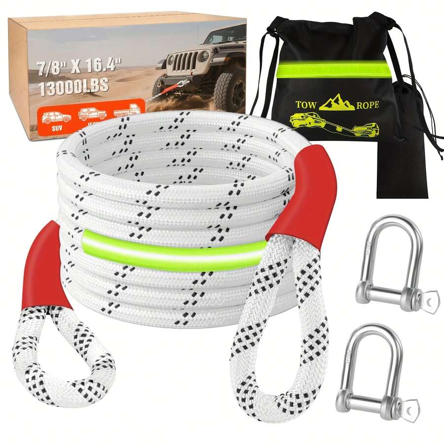Outdoor Rescue Towing Rope - Including Steel Hook+Reflective+Storage Bag - Thick And Thick Towing Rope - Suitable For Use In Cars And Trucks - Suitable For Various Scenarios Such As Towing And Rescuing Vehicles When They Break Down, Towing, Etc - 16英尺 - 查看 1