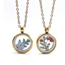 1件创意钛钢项链，配圆形干花吊坠，简约干花压制项链 - 圓形 - 查看 1