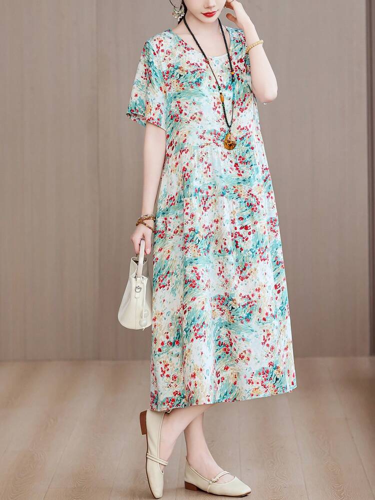 Đầm phong cách Bohemian in hoa lá mới cho mùa hè, thanh lịch dành cho nữ - Màu xanh nhạt - Xem 4