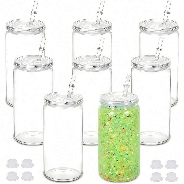 8/4 st 47 cl dubbelväggig glasmugg, gör-det-själv glitter masonburk med lock, sugrör och silikonplugg - handdiskbar, BPA- och PVC-fri - Multifärgad - Visa 16