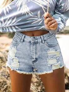 “夏季复古时尚：女士破洞牛仔短裤” - 藍色 - 查看 1
