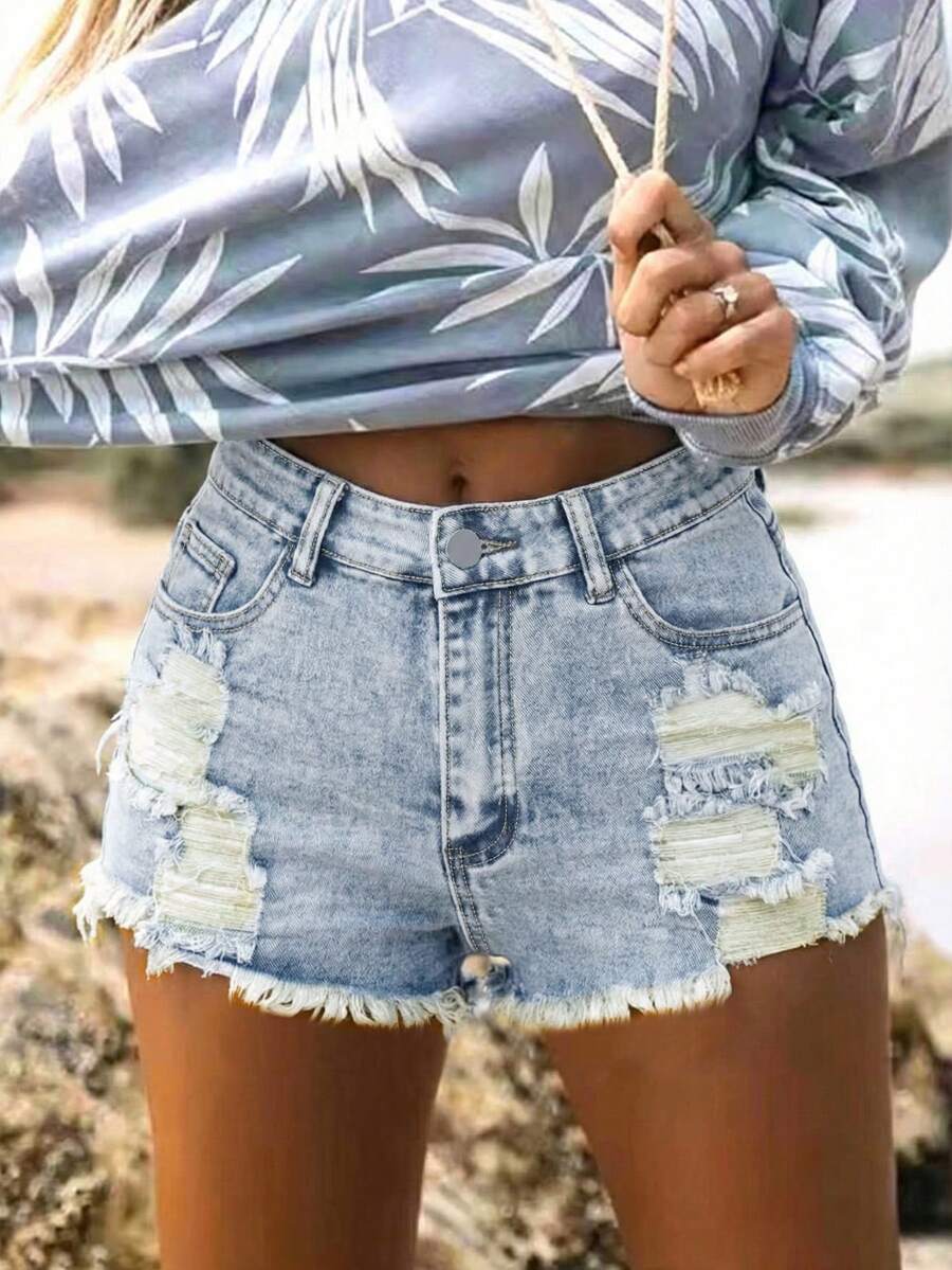 “夏季复古时尚：女士破洞牛仔短裤” - 藍色 - 查看 1
