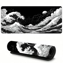 Tapete de Mouse para Jogos com Padrão de Onda Estilo Japonês, Impresso com o Design Vibrante da Grande Onda de Kanagawa de Hokusai em Azul e Vermelho. - Protetor de Mesa com Padrão Preto e Branco - Com Bordas Costuradas com Precisão e Base de Borracha Antiderrapante, Disponível em Vários Tamanhos: 15,7*35,4 Polegadas (40*90 Cm). - B - Visão 2