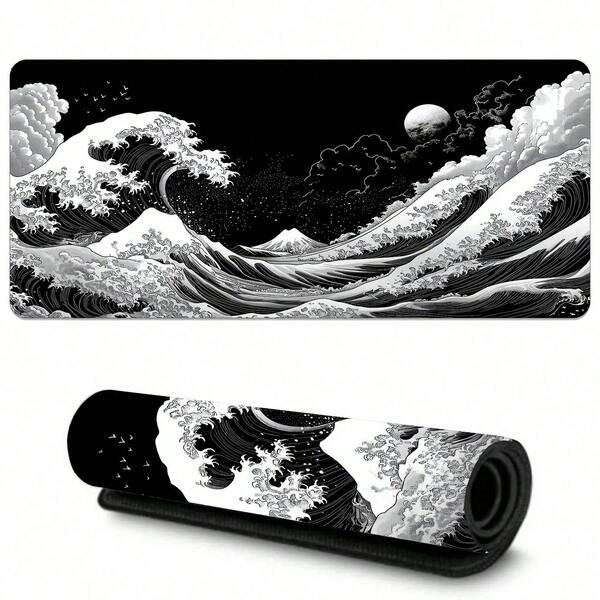 Alfombrilla de ratón de estilo japonés con gran diseño de la ola de Hokusai en azul y rojo vibrantes. Protector de escritorio con patrón en blanco y negro. Con bordes cosidos con precisión y base de goma antideslizante, disponible en múltiples tamaños: 15.7*35.4 pulgadas (40*90 cm).