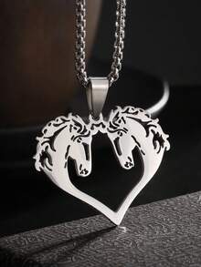 SeuSuk 1pc Stainless Steel Lucky Double Horse Head Animal Pendant Necklace, Men's Jewelry Gift - Gold - View 1