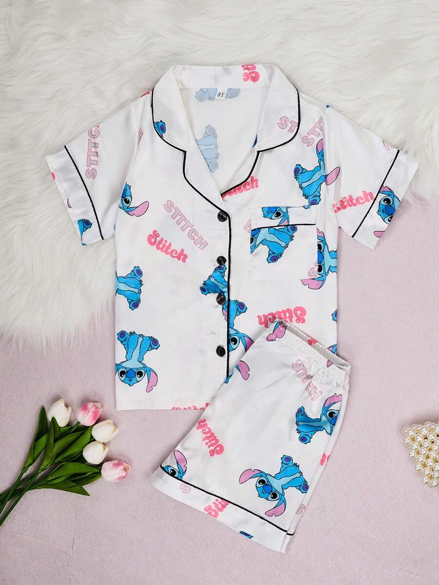Disney Stitch Series Cartoon Print 2-Piece Set, Cute Casual Versatile Short Sleeve Elastic Waist Shorts Pajama Set For Tween Girls Silk-Like Soft Breathable Fabric, Suitable For All Seasons Loungewear - White - View 1