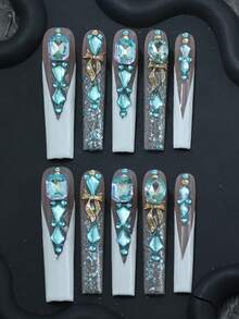 CrystalHola Valentine's Day 10 Pcs Handmade Press-On Nails, Square Long Nails, Y2K Color, Black And Pink Nail Base With Black Pom-Pom, 3D Flowers, Exquisite Accessories, Full Coverage, Removable And Reusable, , Unique Summer Nail Art, A Must-Have Fashion Accessory For Parties And Weddings. Nail Supplies - Multicolor - View 13