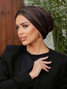 1 chiếc mũ trùm đầu hóa trị cổ điển màu trơn dành cho nữ, độ co giãn cao và thiết kế xếp ly, chống trượt và thoáng khí, khăn trùm đầu nhiều lớp xếp ly dùng làm hijab, chất liệu vải dệt kim modal mềm mại và thân thiện với da, phù hợp để đội hàng ngày. - màu nâu - Xem 4