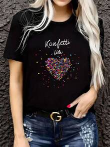 Top de Festa de Carnaval, com Design de Estampa Festiva de Bandeira - Parte Superior de Gola Redonda de Manga Curta com Estampa de Bandeira, Adequada para Carnavais, Festas a Fantasia e Eventos Temáticos (Adequada para Primavera, Verão e Outono), Roupa Casual Lavável em Máquina, Perfeita para Carnaval e Festas a Fantasia.Roupas de Dia dos Namorados para Mulheres, Roupas Plus Size para Mulheres, Dia dos Namorados Preto - Preto - Visão 9