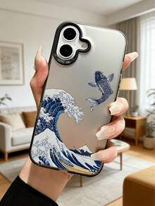 1pc Ukiyo-E Wave & Koi Fish Mirror Surface Phone Case, Metal Frame Anti-Drop, Japanese Art Protective Cover Compatible With Apple & Series - Black - View 1
