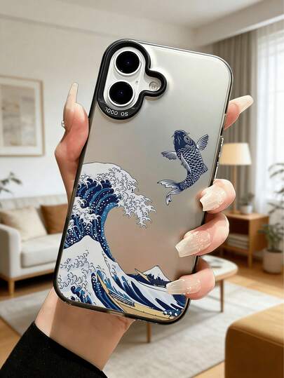 1pc Ukiyo-E Wave & Koi Fish Mirror Surface Phone Case, Metal Frame Anti-Drop, Japanese Art Protective Cover Compatible With Apple & Series