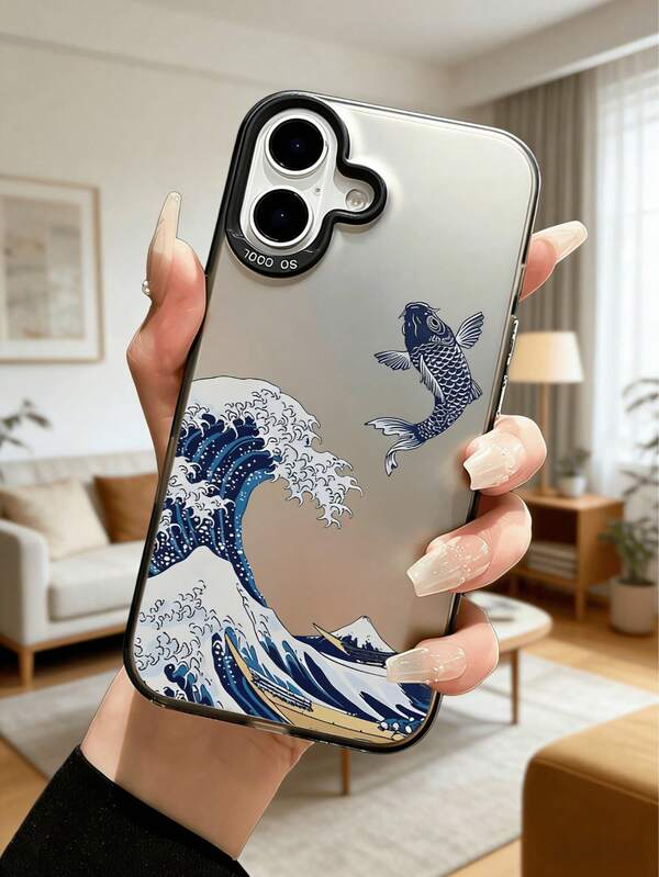 1 stuk Ukiyo-E Wave & Koi Fish telefoonhoesje met spiegelend oppervlak, metalen frame, valbestendig, beschermhoes met Japanse kunst, compatibel met Apple & Series