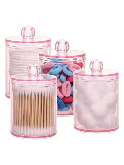 Swab Organizers With Plastic Lids - 10oz Clear Medicine Bottles. Can Be Used As Vanity Organizers And Cosmetic Storage Containers. Suitable For Storing Makeup Pads, Swabs, Dental Floss, Hair Clips, Paper Clips, And Hair Ties (Pink). Ideal For Use On Vacation Beaches, In Bathrooms, Bedrooms, Etc.