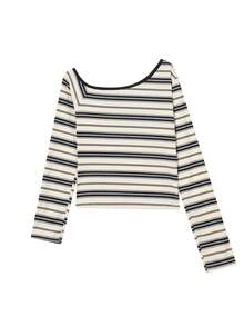 Áo thun cổ xéo kẻ sọc tương phản chất lượng cao kiểu Hàn Quốc, áo croptop dáng ôm mới, chất liệu vải ngẫu nhiên, thích hợp cho kỳ nghỉ biển. - Màu be - Xem 5
