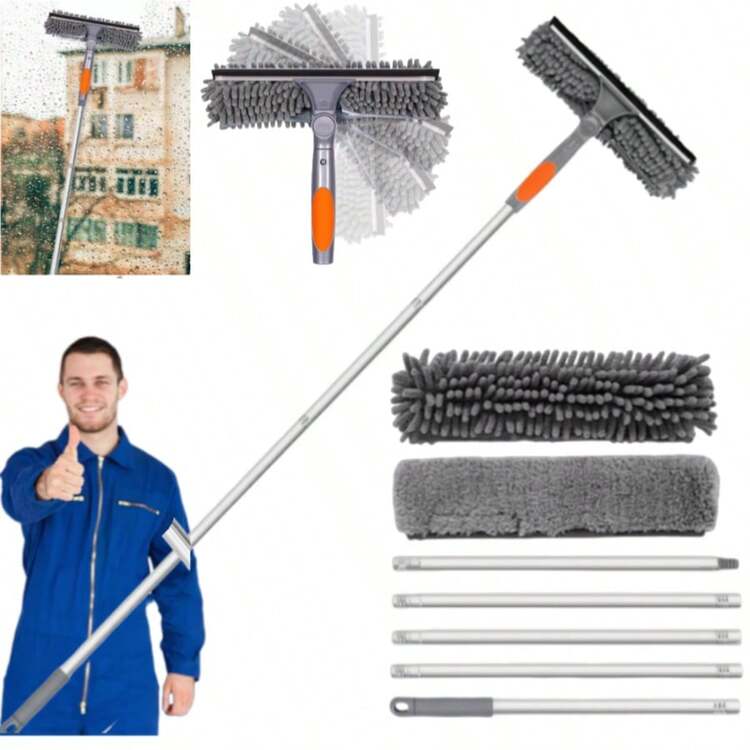 Window Squeegee Cleaner Tool With Extension Pole, Window Washing Kit With Rotatable Bendable Head, 3-In-1 High Windows Washing Kit For Home & Outdoor, Detachable Washer Tool Squeegee For Shower Glass, Car - Grey - View 1
