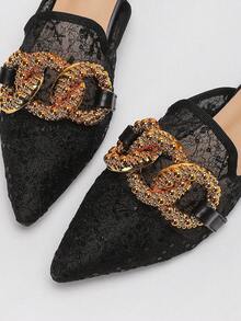 Women's Elegant Black Mesh With Metal Buckle Flat Pointed Toe Mule Slippers (Shoe Upper Pattern Is Random Basic Style) - Black - View 2