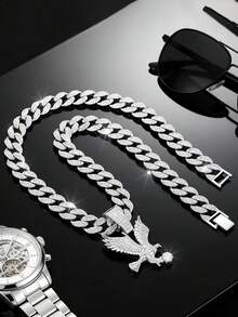 1件镶满水钻的动物吊坠项链，欧美风格男士链项链，个性化嘻哈配饰，百搭 - 銀色 - 查看 3