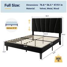 Allewie Full/Queen/King Size Bed Frame With Adjustable Velvet Upholstered Headboard, Rivet-Style Nailhead Trim Detail Platform Bed Frame, Wooden Slat Support, No Box Spring Needed, Easy Assembly, Black - màu đen - Xem 8