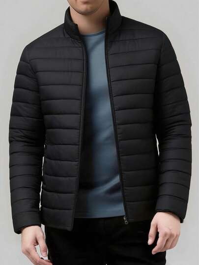 Men's Solid Color Padded Coat, Men's Casual Zip-Up Quilted Warm Jacket, Comfortable And Fashionable Outdoor Casual Hiking Jacket For Autumn/Winter