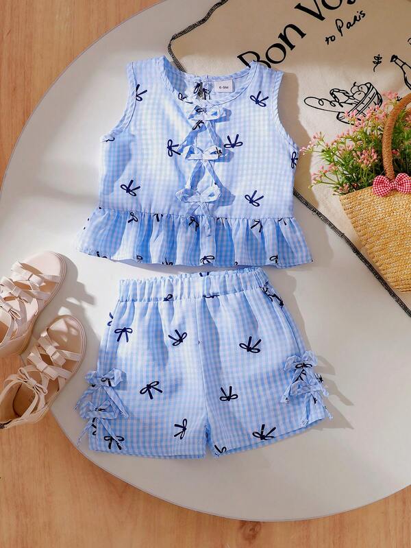2pcs Baby Girl Summer Lightweight Casual Vacation Style Cute Bowknot Gingham Ruffle Sleeveless Top And Elastic Waist Shorts Set