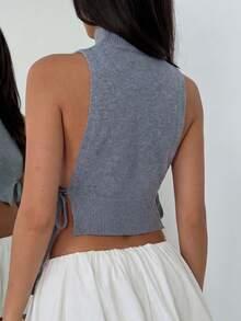 Grauer ärmelloser Rollkragen Strickoberteil, Seitenbindung Design, gerippte Textur, Slim Fit - sexy und schicker Stil, ideal für Wochenendverabredungen, lässiges Einkaufen, Bar-Treffen und Stadtbummel - Grau - Übersicht 4