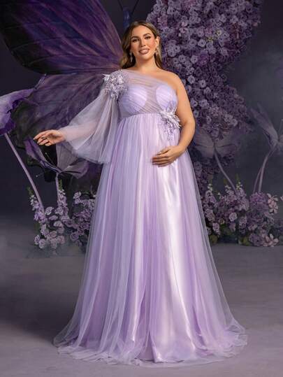 Faeriesty Elegant Maternity Plus Size Lavender Asymmetric Shoulder Bell Sleeve Maxi Party Gown For Women, 3D Floral Appliques On Upper Bodice For Romantic Dimension, Perfect For Spring Weddings, Mother's Day Celebrations, Baby Shower Events