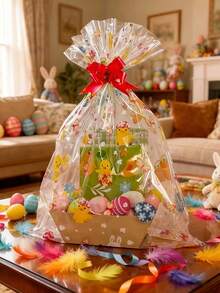 10个50*70厘米复活节透明礼品袋，印有兔子、小鸡、彩蛋图案，配红/黄丝带，可用于礼品包装、复活节篮子包装、彩蛋包装等，适用于复活节、节日派对、主题活动和生日派对。 - 彩色 - 查看 5