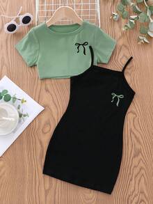 女童蝴蝶结印花短袖连衣裙，带吊带裙 - 綠色 - 查看 1